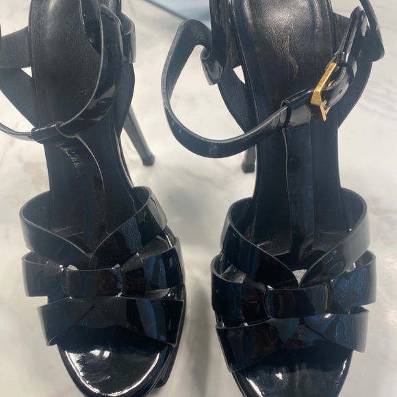 SAINT LAURENT Tribute woven patent-leather platform sandals  Saint Laurent Tribute Platform Sandal